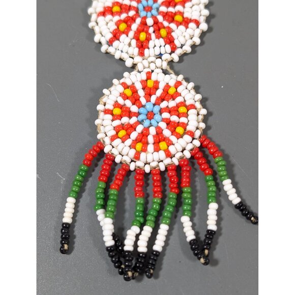 Vintage Native Triple Medallion Seed Bead Necklace Leather Back 24" - Picture 2 of 8